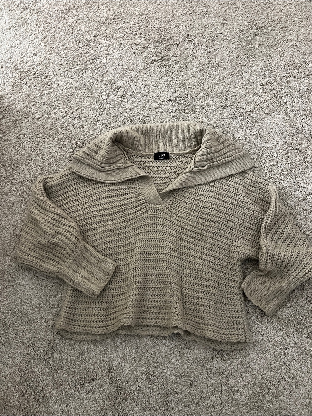 VICI Taupe Open Knit Fold-Over Collar Sweater